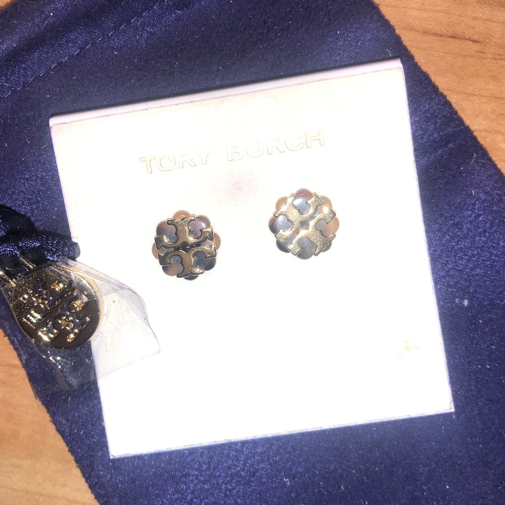 Tory Burch Logo Flower Two Tone Earrings